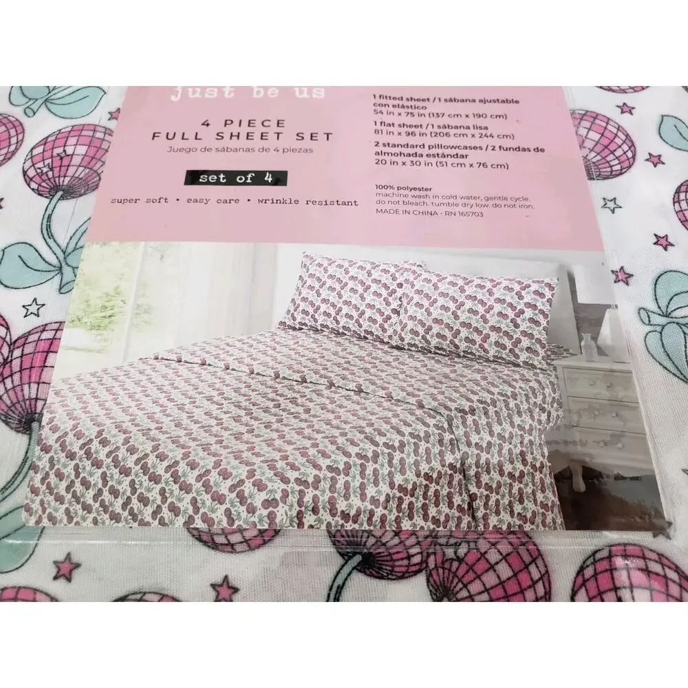 NEW Disco Ball CHERRY print bed sheets full size girl bedroom pink fruit‎ girly